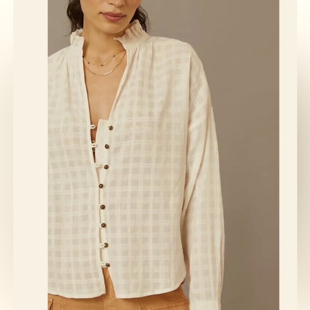 Pilcro Ruffle Neck Cotton Blouse
